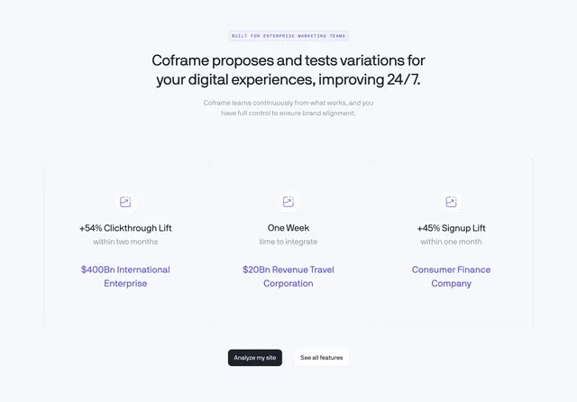 Coframe stat-driven value proposition with 3-column grid, light-mode, minimal, light