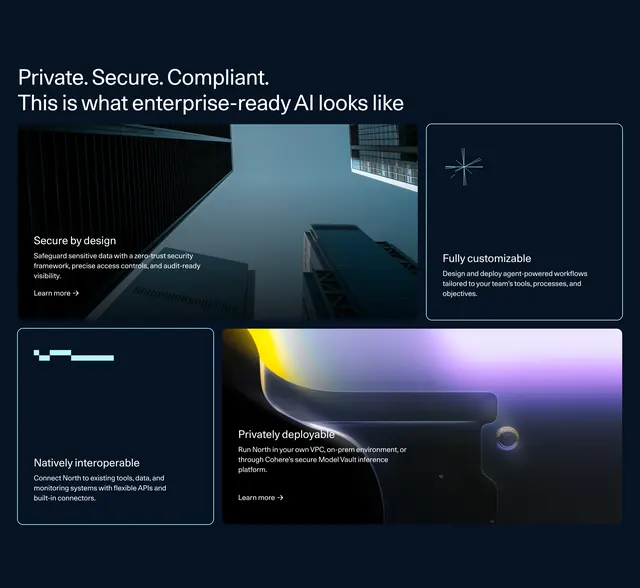 Cohere enterprise AI bento grid, dark-mode, minimal, dark