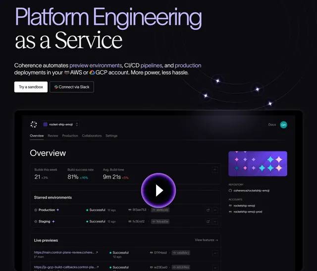 Coherence platform engineering hero, dark-mode, minimal, dark
