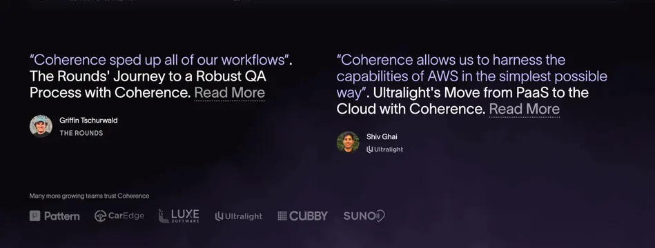 Coherence dual testimonial and logo strip, dark-mode, minimal, dark