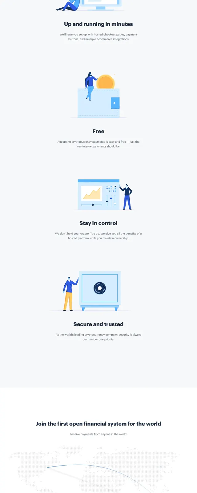 Coinbase Commerce Landing Hero, corporate-clean, minimal, light