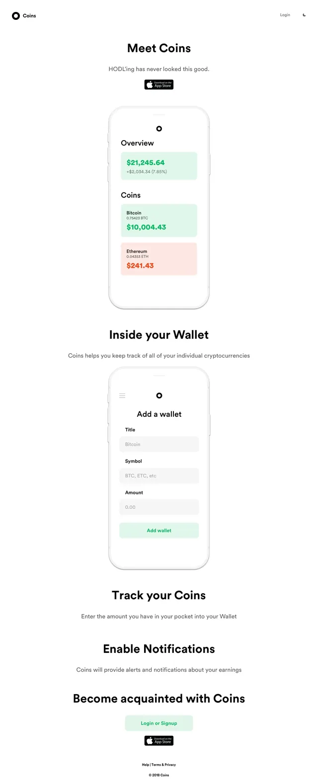 Coins crypto app landing page, minimal, light-mode, light