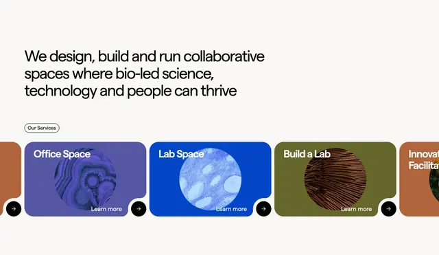 CoLabs services carousel cards, light-mode, minimal, light