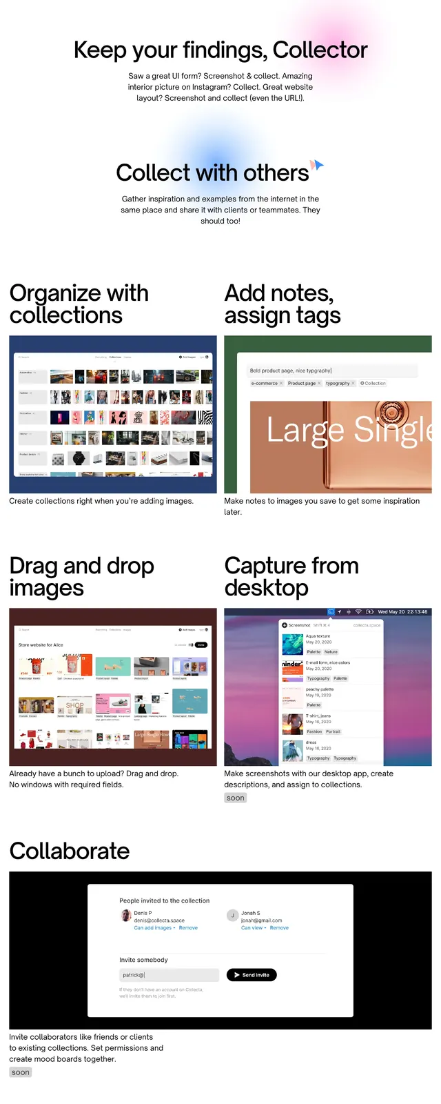 Collecta inspiration collage landing page, minimal, light-mode, light