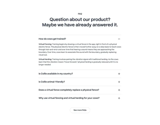 Collie product FAQ accordion, light-mode, minimal, light