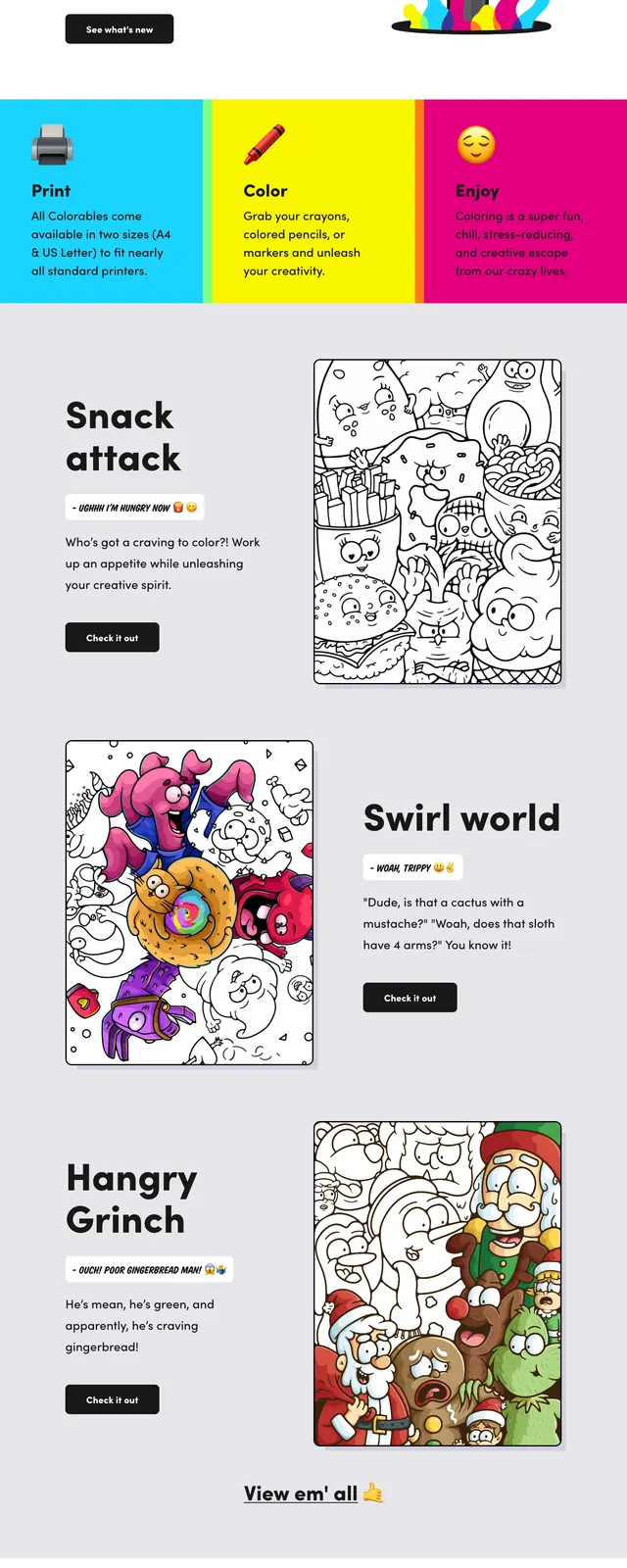 Colorables playful coloring landing page, playful, illustrated, light