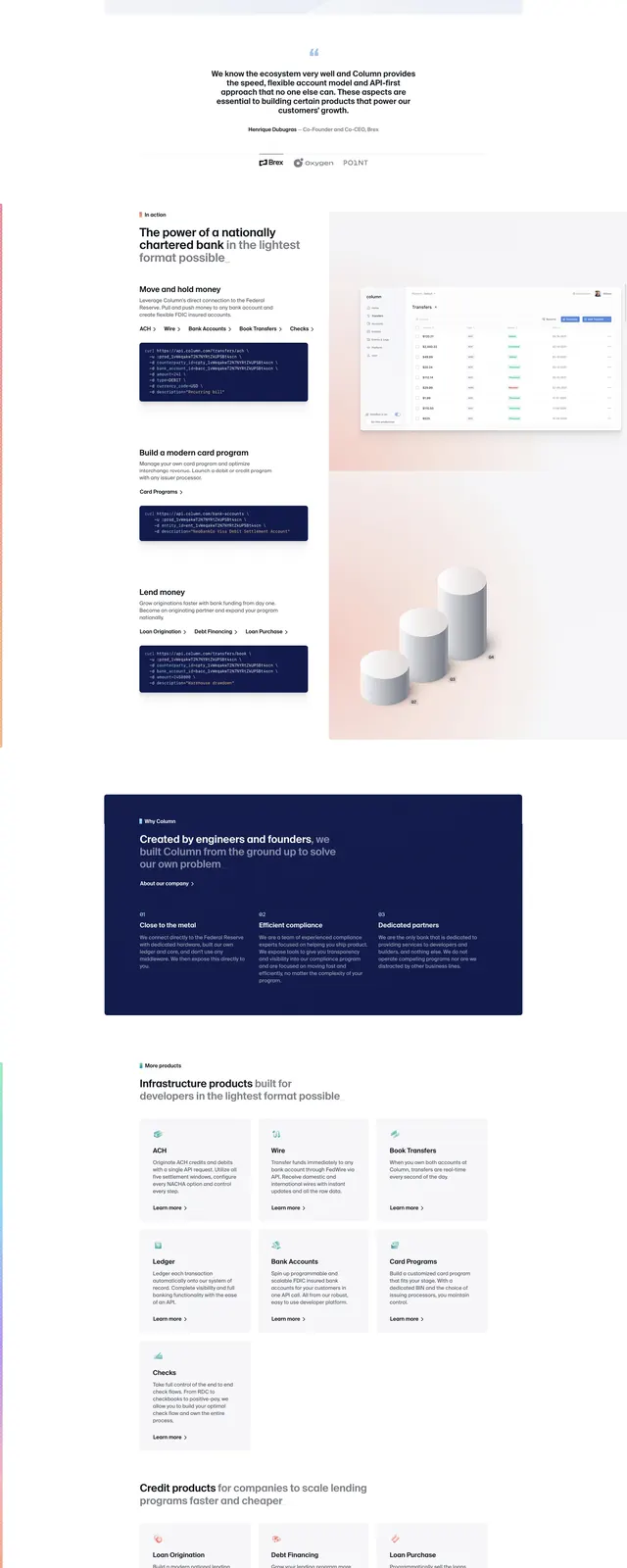 Column-style fintech landing page, corporate-clean, minimal, light