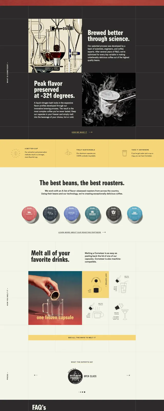 Cometeer coffee landing page, editorial, photographic, dark
