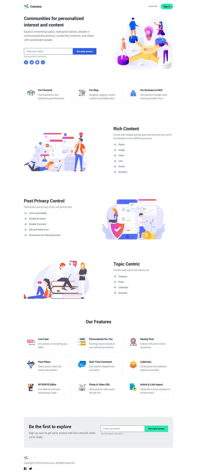 Comons community landing page, illustrated, light-mode, light
