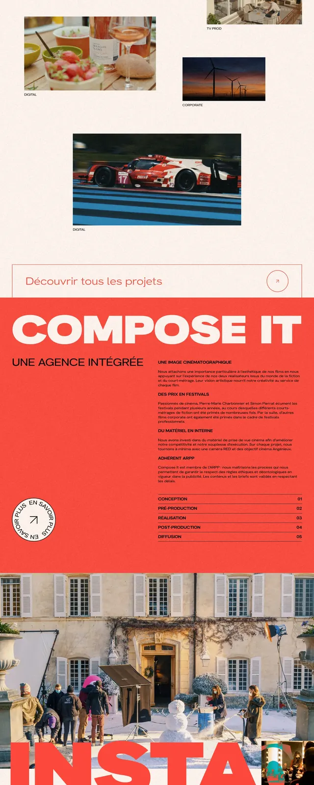 Compose.it cinematic agency page, editorial, minimal, light