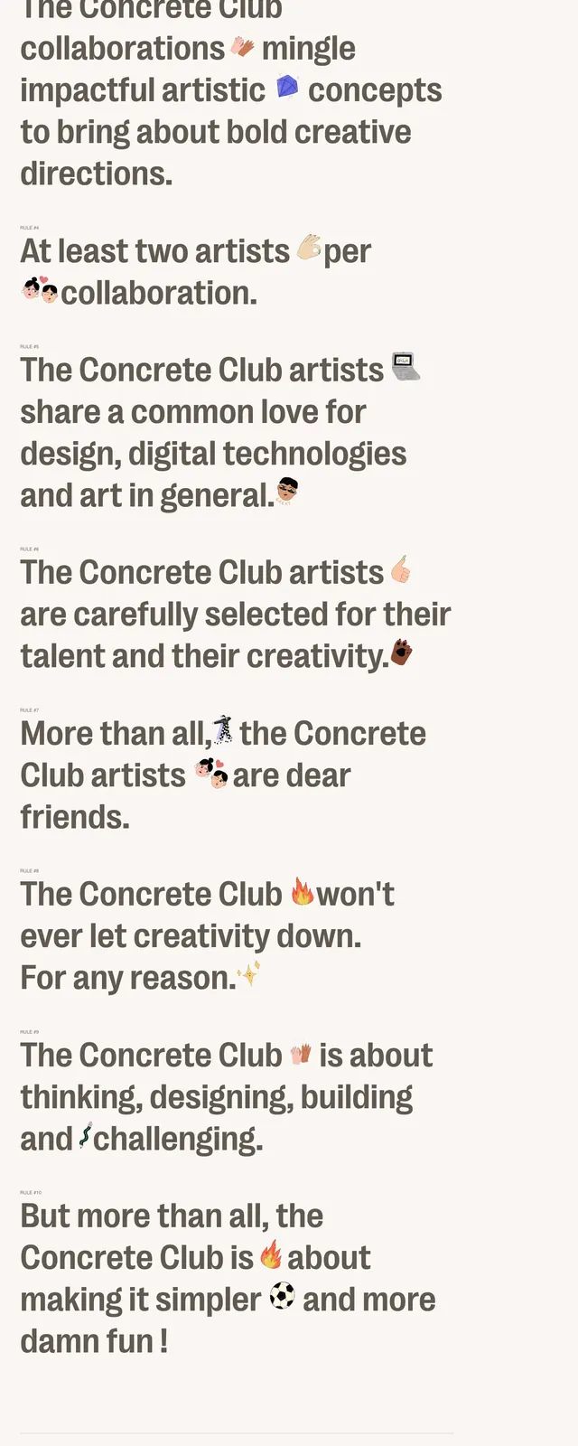 Concrete Club editorial landing page, editorial, minimal, light