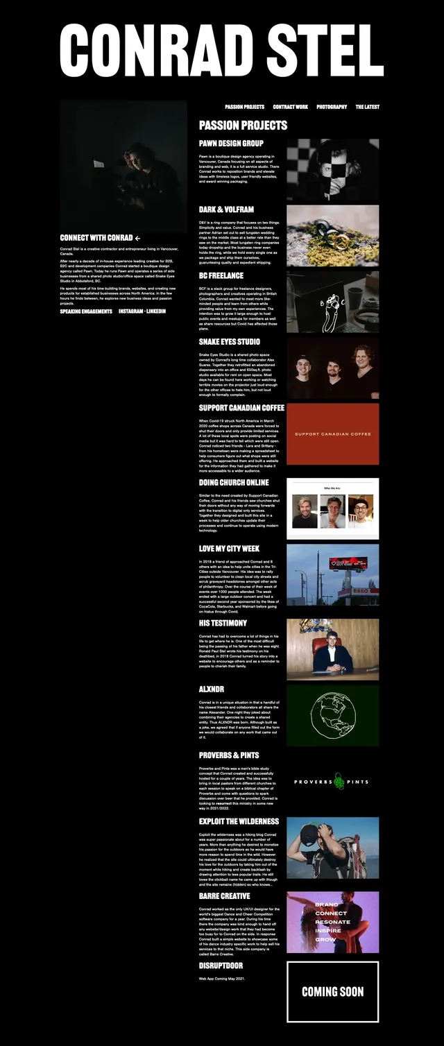 Conrad Stel portfolio index, editorial, dark-mode, dark