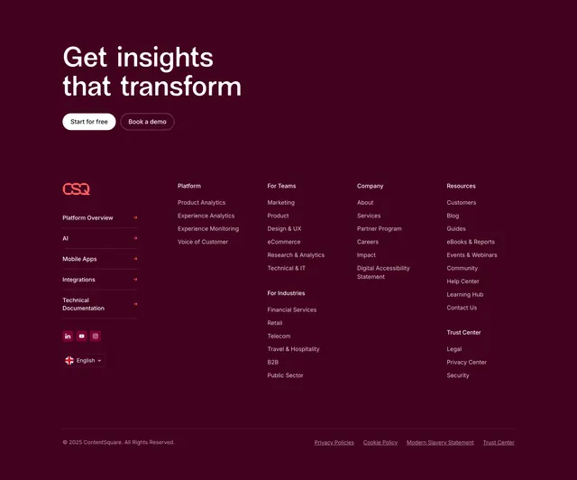 Content Square dark maroon footer with CTA topper, dark-mode, minimal, dark
