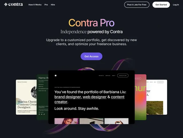 Contra Pro portfolio hero, dark-mode, gradient-heavy, dark