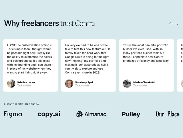 Contra freelancer testimonial carousel, light-mode, minimal, light