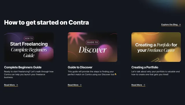 Contra getting started blog cards, dark-mode, gradient-heavy, dark