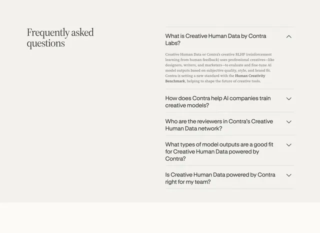Contra Labs FAQ accordion, minimal, light-mode, light