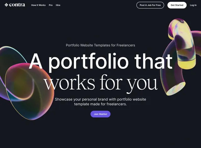 Contra portfolio templates hero, dark-mode, minimal, dark