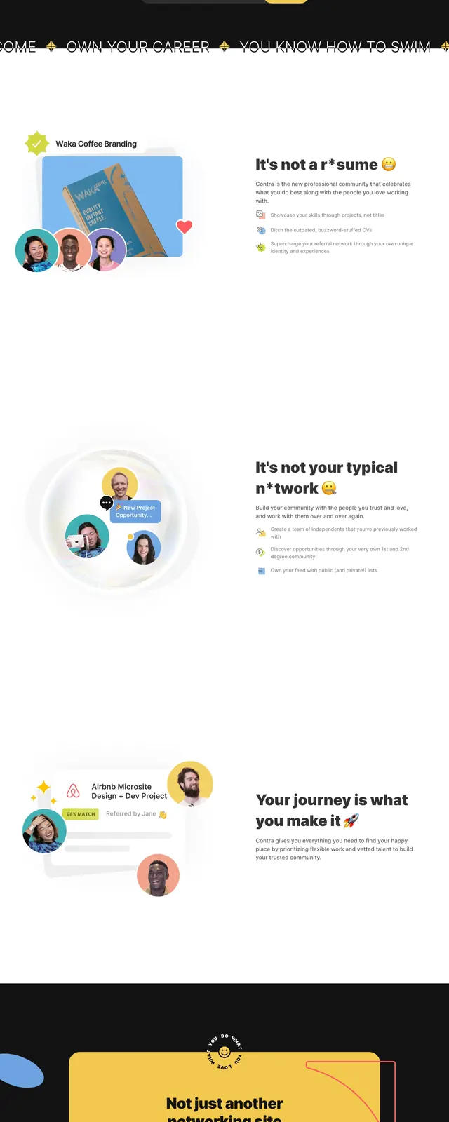 Contra Community Landing Page, dark-mode, editorial, dark