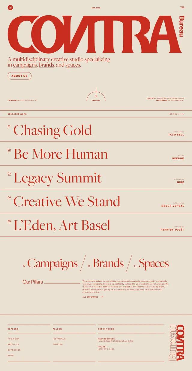 Contrabureau editorial homepage, editorial, minimal, light