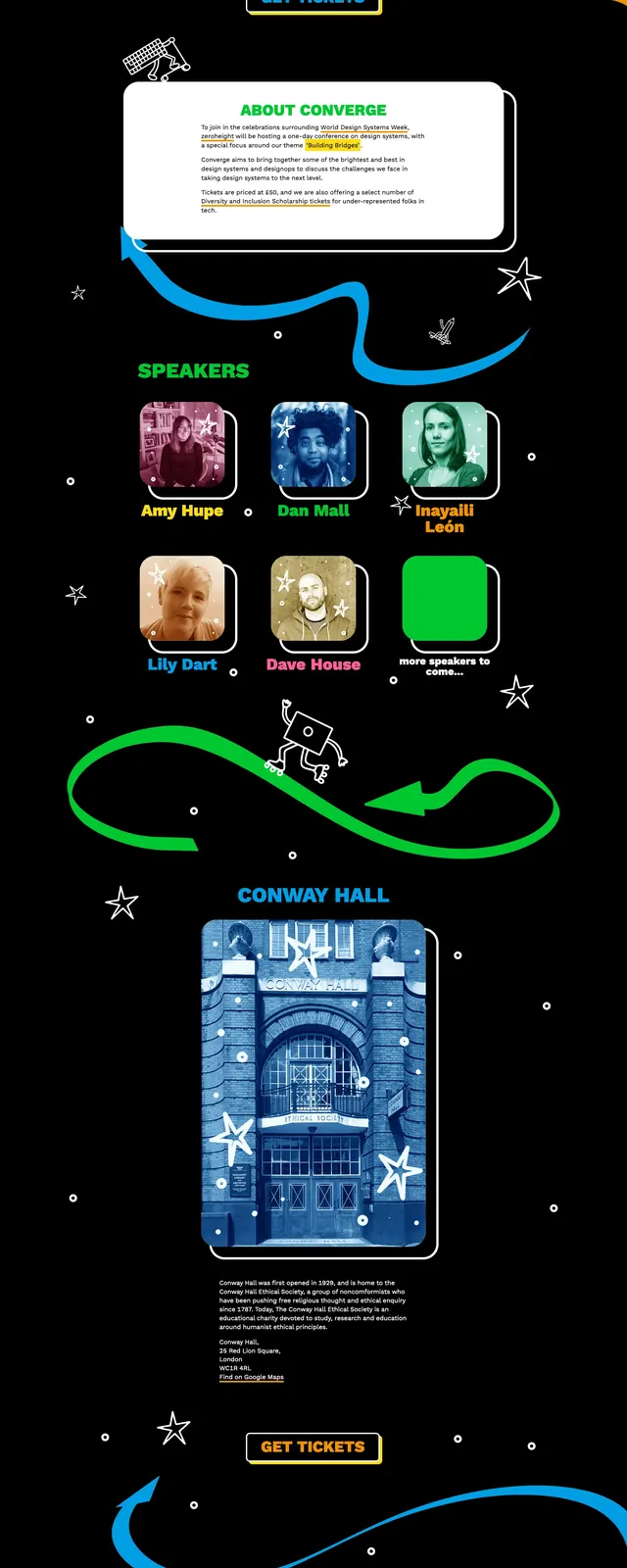 Converge Conference Landing Page, maximalist, playful, dark