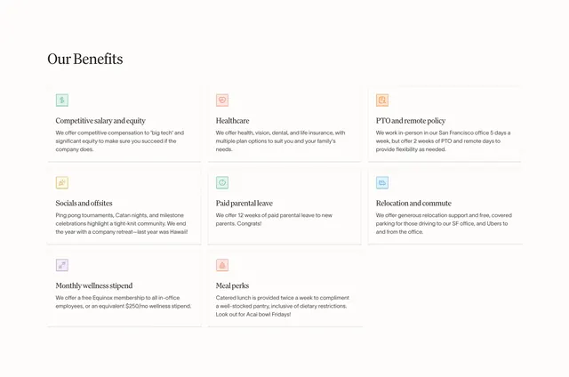 Conversion careers benefits grid, minimal, light-mode, light