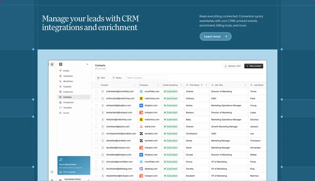 Conversion CRM integration hero, dark-mode, technical, dark