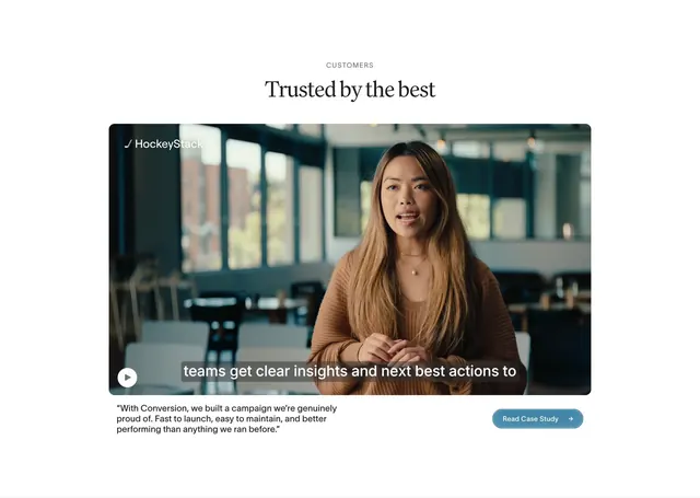 Conversion video testimonial section, minimal, light-mode, light