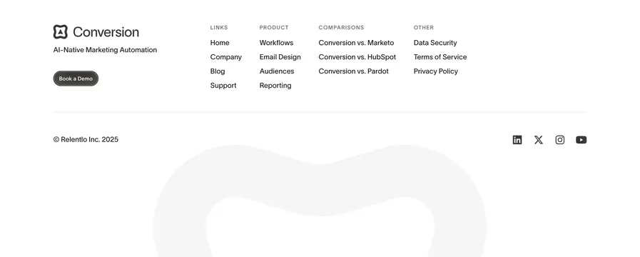 Conversion marketing footer, minimal, light-mode, light