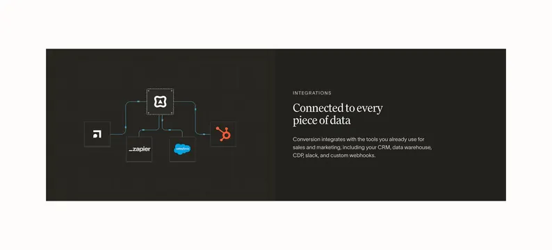 Conversion integration hub diagram, dark-mode, technical, dark