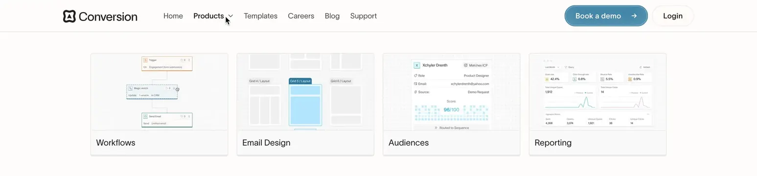 Conversion navbar with product cards, minimal, light-mode, light