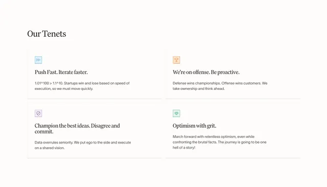 Conversion company tenets grid, minimal, light-mode, light