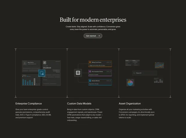Conversion enterprise features dark grid, dark-mode, corporate-clean, dark