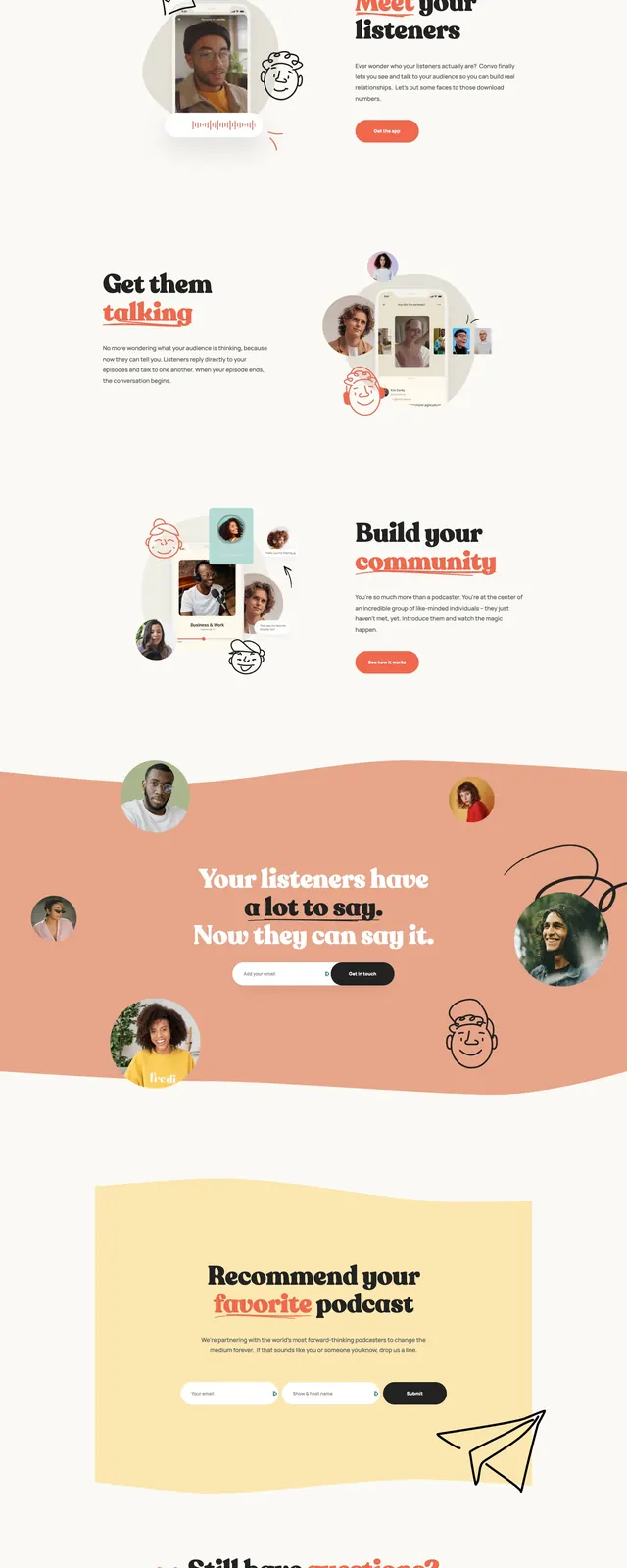 Convo Podcast Community Landing Page, playful, editorial, warm