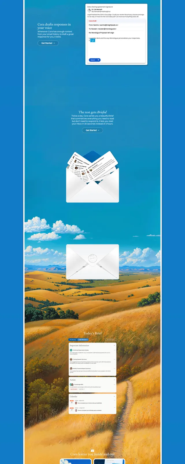 Cora cloudscape landing page, illustrated, gradient-heavy, cool