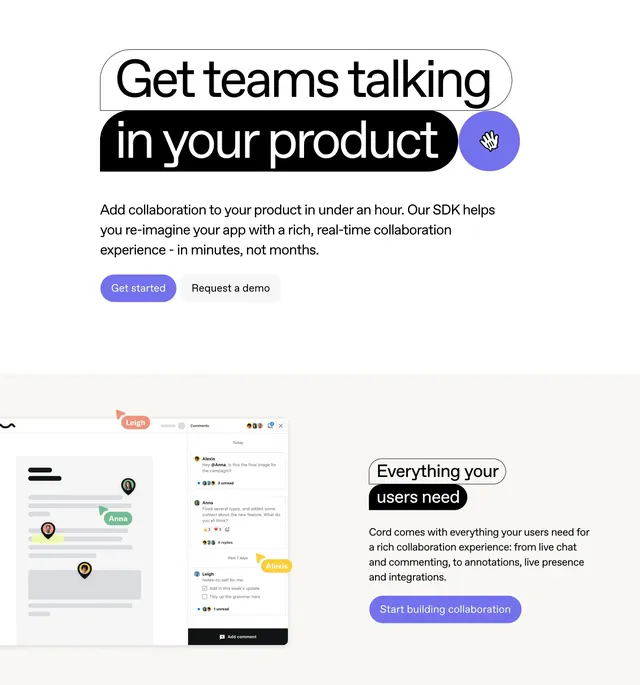 Cord collaboration SDK hero stack, minimal, light-mode, light