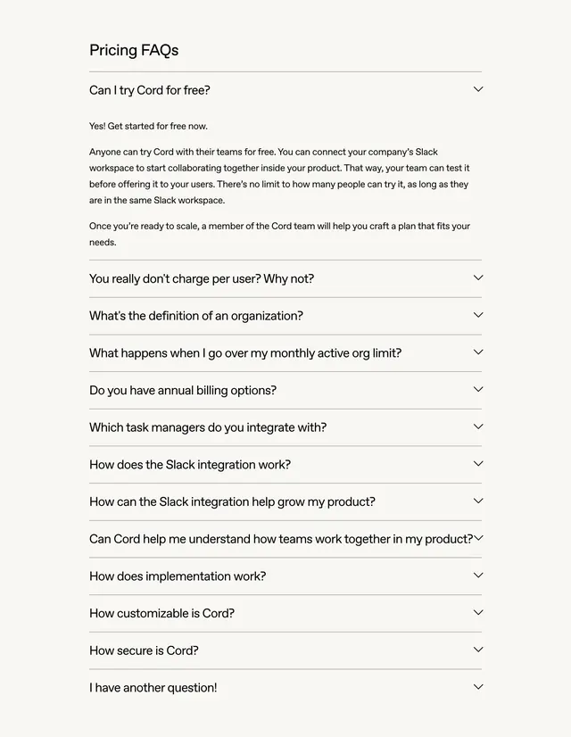 Cord pricing FAQ accordion, minimal, light-mode, light