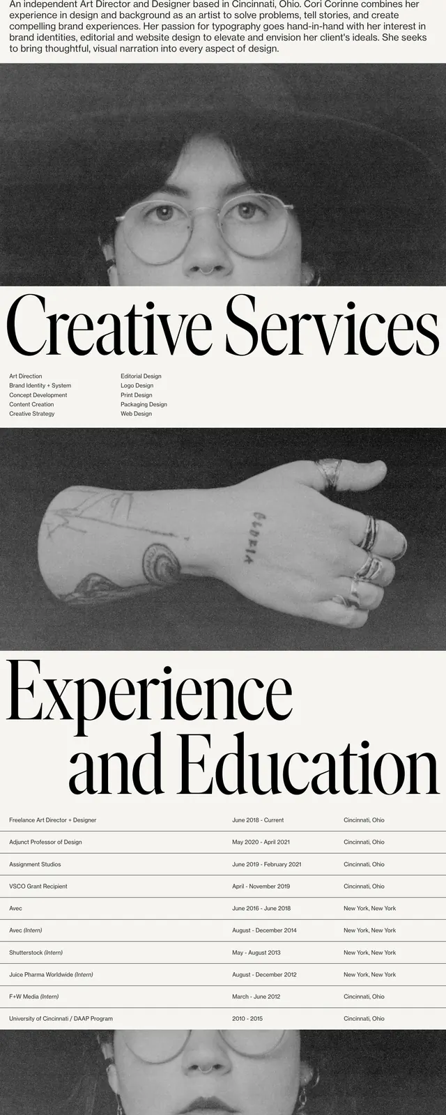 Cori Corinne portfolio hero, editorial, minimal, light