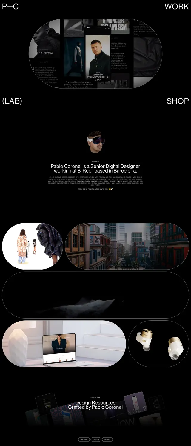 Coronel dark portfolio page, dark-mode, editorial, dark