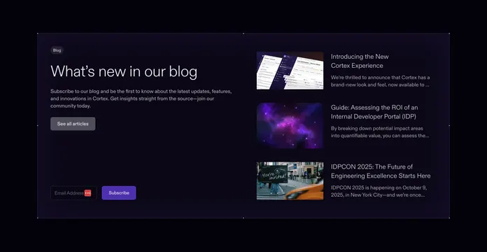 Cortex dark split blog section with newsletter signup, dark-mode, minimal, dark