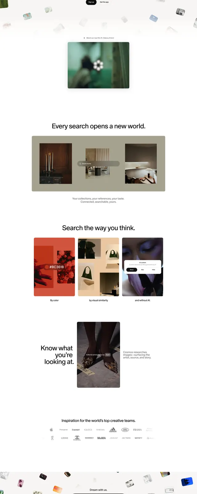Cosmos inspiration landing page, minimal, editorial, light