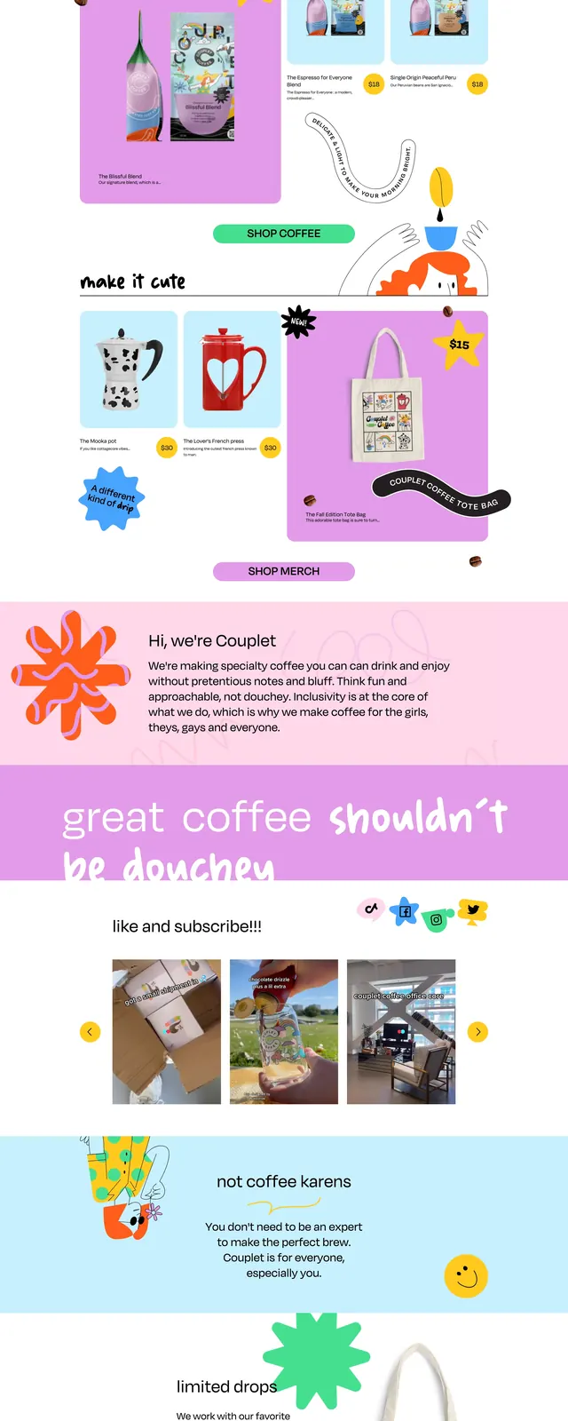 Couplet Coffee playful ecommerce homepage, playful, maximalist, vibrant