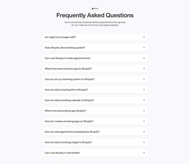 Cowlendar FAQs Section, light-mode, minimal, light