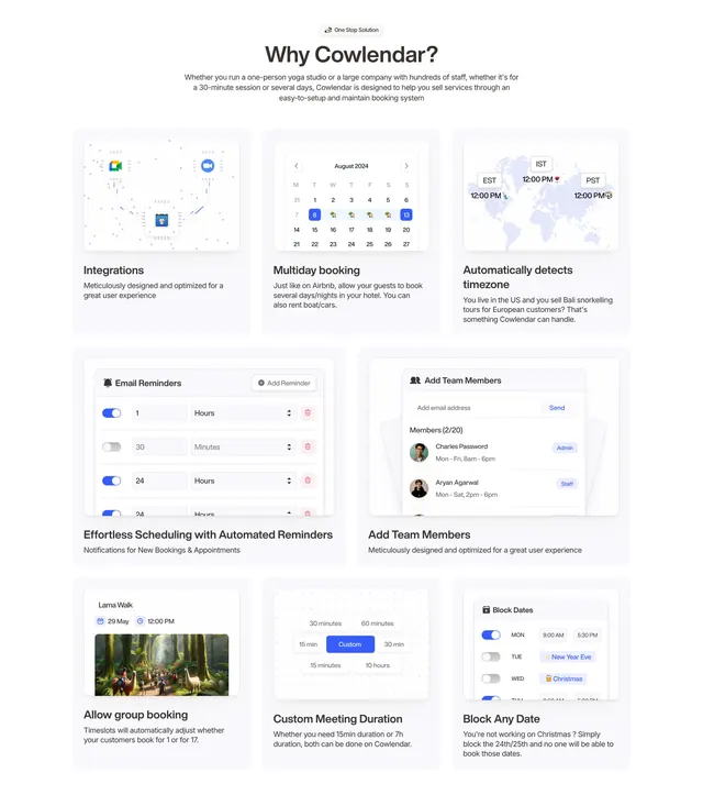Cowlendar Features Section, light-mode, minimal, light
