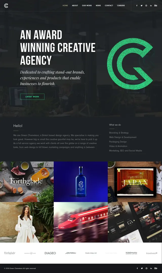 Dark agency homepage hero, dark-mode, editorial, dark
