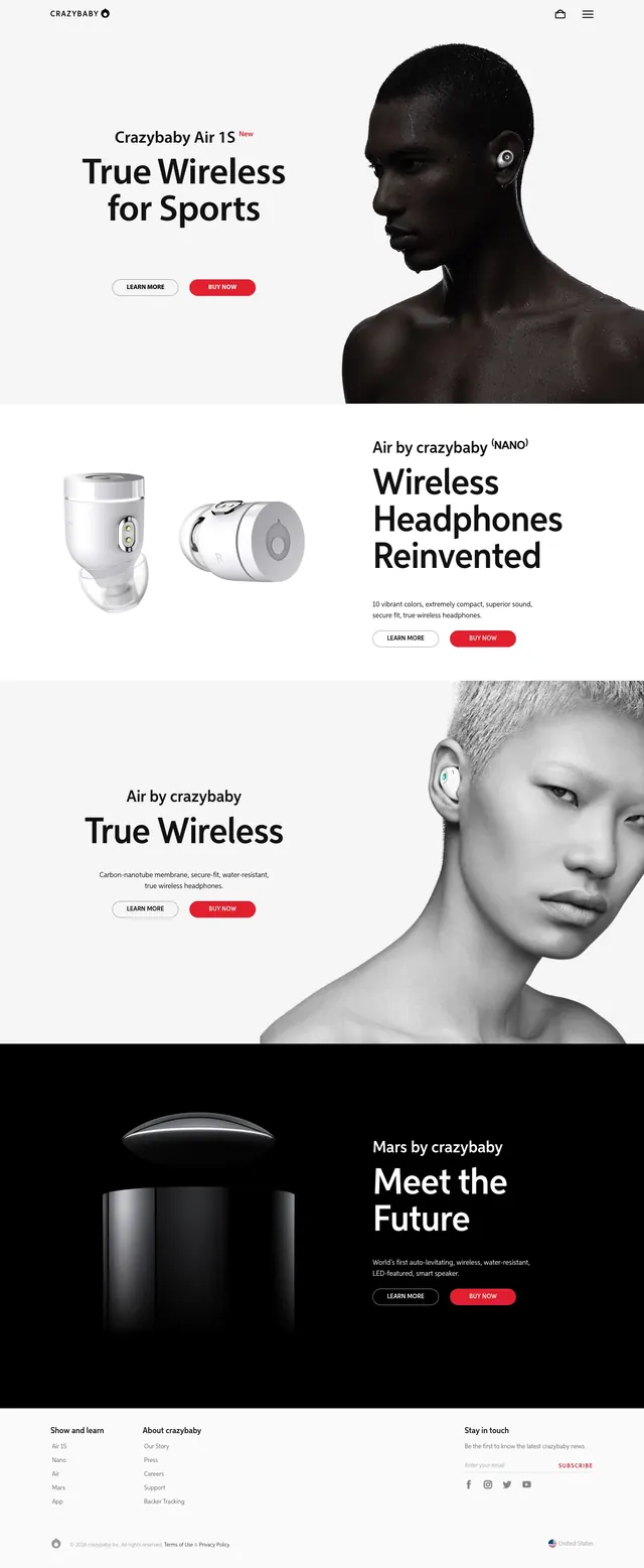 Crazybaby product landing page, minimal, editorial, light