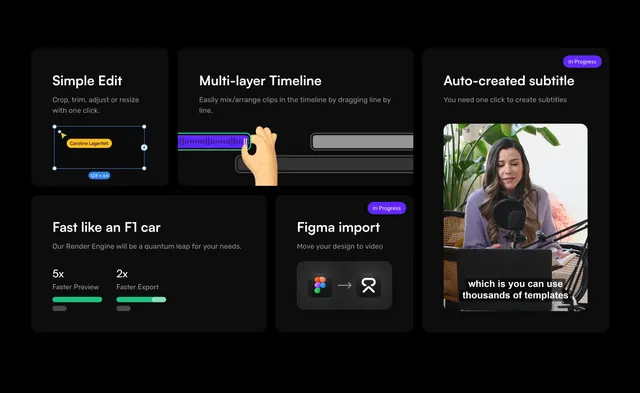 Create video editor bento features, dark-mode, minimal, dark