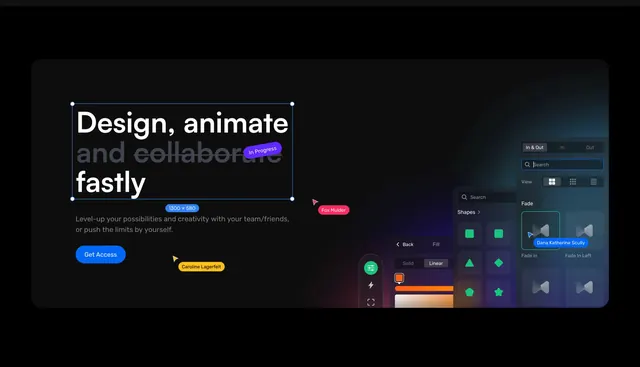 Create collaborative design hero, dark-mode, gradient-heavy, dark