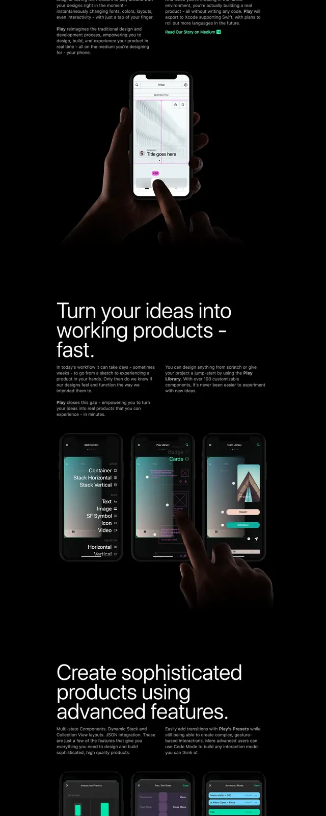 Play mobile design app landing page, dark-mode, minimal, dark