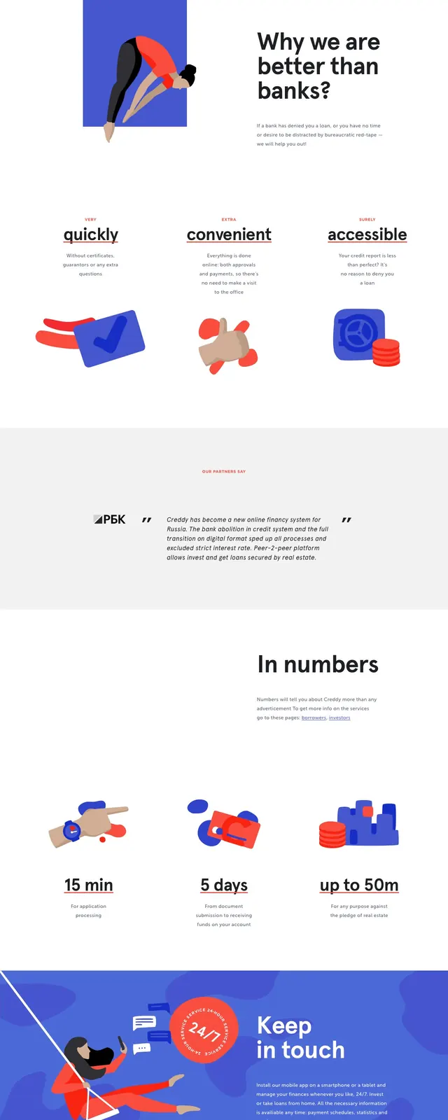 Creddy illustrated fintech landing page, illustrated, flat, light